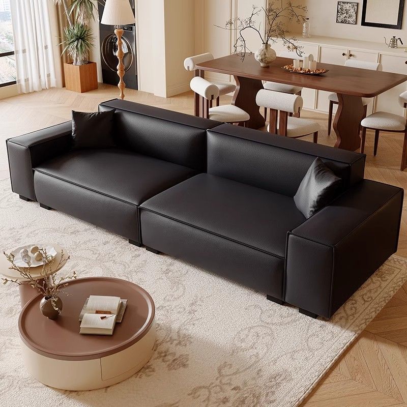 Italian Style Minimalist Tofu Block Leather Sofa Modern Simple Rental Room Living Room Small Apartment Straight Row Big Black Cow Sofa