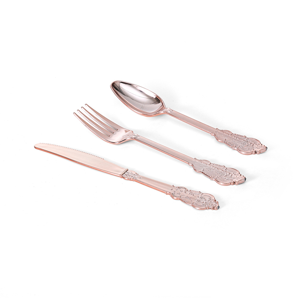in stock Amazon Vintage Rose Gold UV Plating Disposable Knife and Fork Spoon Birthday Party Xiyin TEMU Hot Selling
