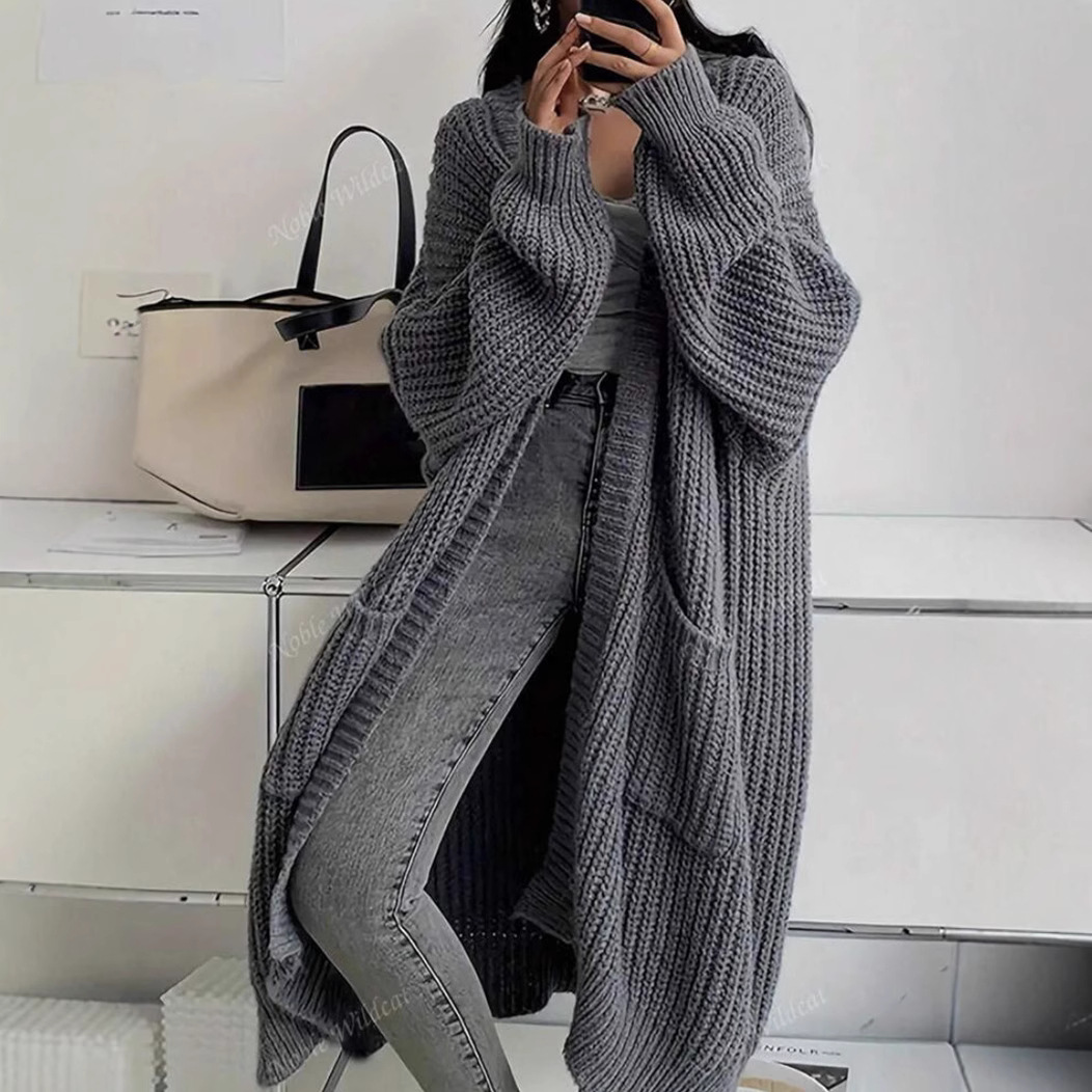 Korean Style Elegant Long Over-The-Knee Sweater Cardigan for Women Autumn and Winter New Style Lazy Style Loose Thickeneded Knitted Jacket for Women Trendy
