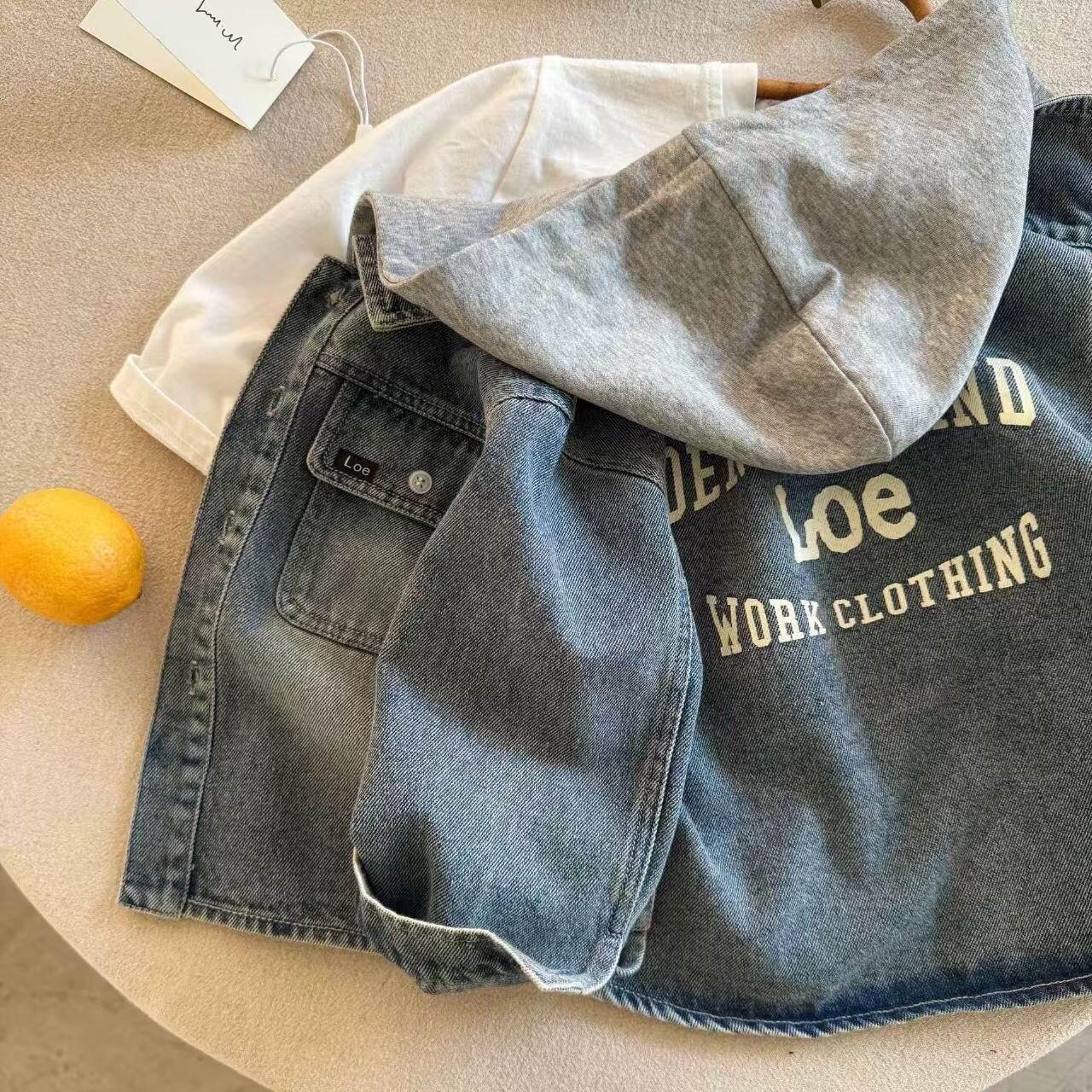 2025 Spring New Boys' Distressed Shirt Children's Baby's Soft Denim Jacket Solid Color Hooded Denim Clothes Women's Trendy Brand