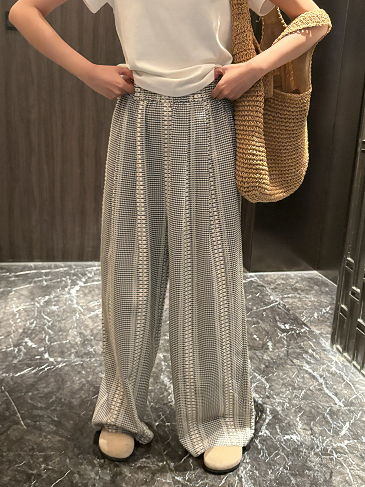plus size Women's Design Stitching Plaid Wide Leg Pants Spring New Lazy Style Niche Loose All-match Mop Pants