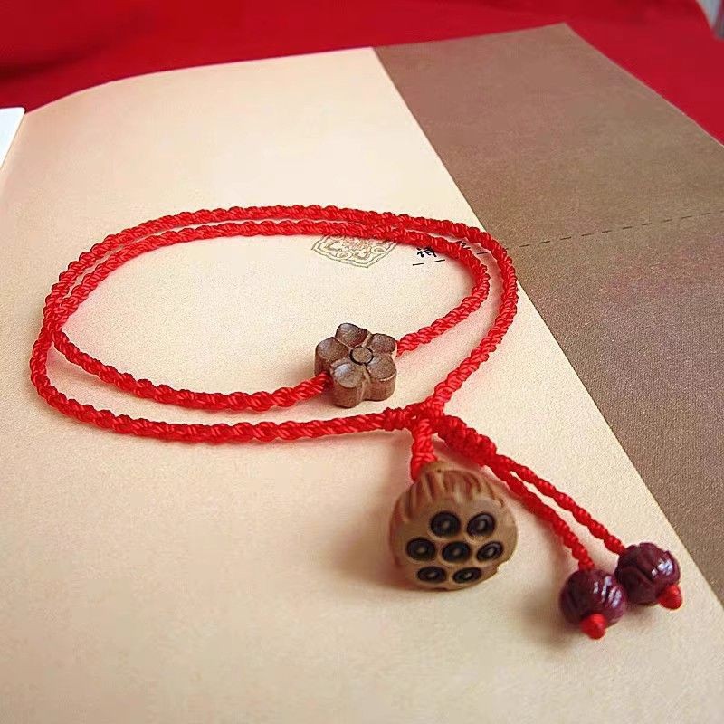 New Internet Popular Antique Ethnic Style Old Peach Wood Red Rope Anklet Women's Wided Rope Simple Lotus Canopy Shore Girlfriend Gift