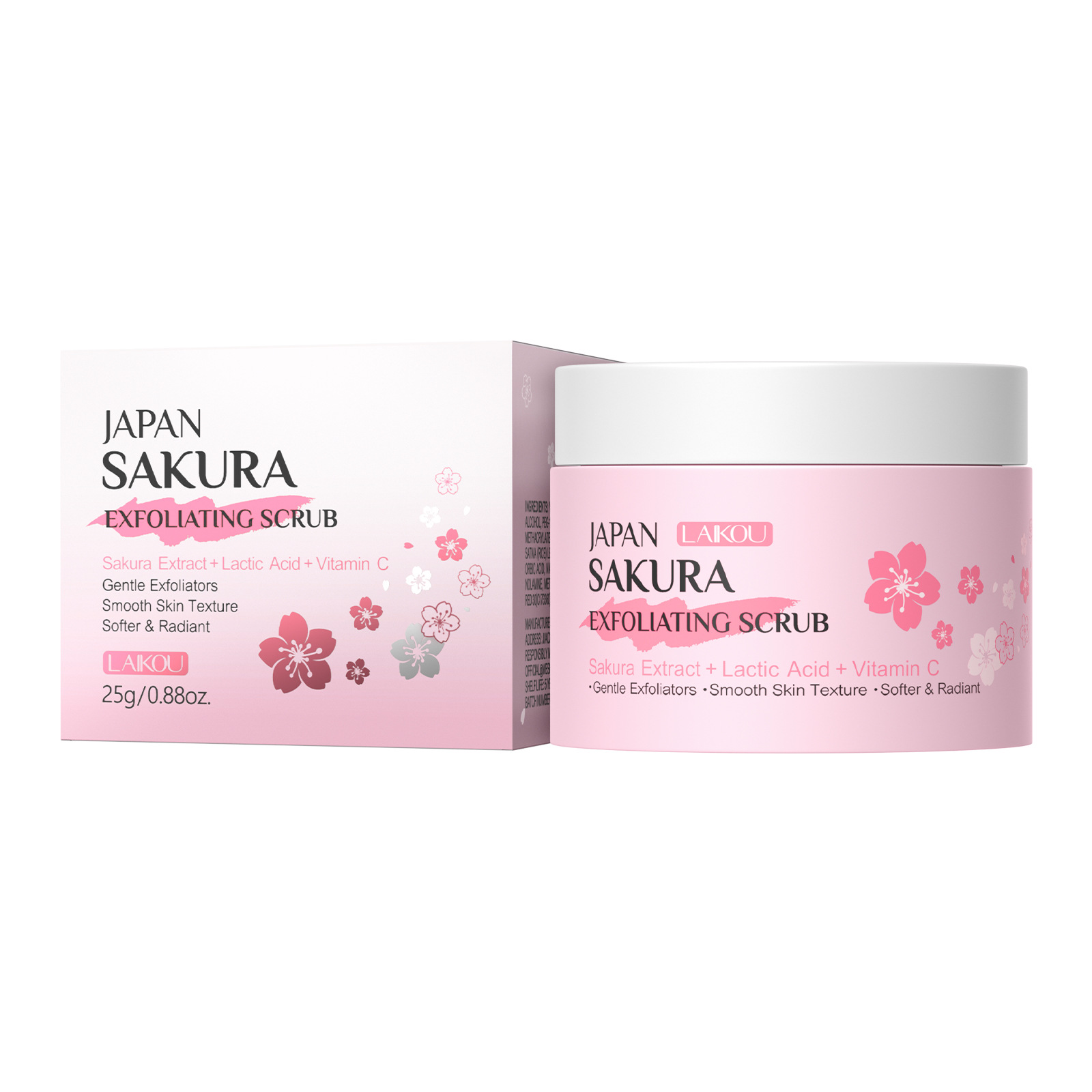 Cross-Border New Product Laikou Sakura Scrub 25g Cleansing and Moisturizing Full English Packaging Cross-Border Supply Manufacturer