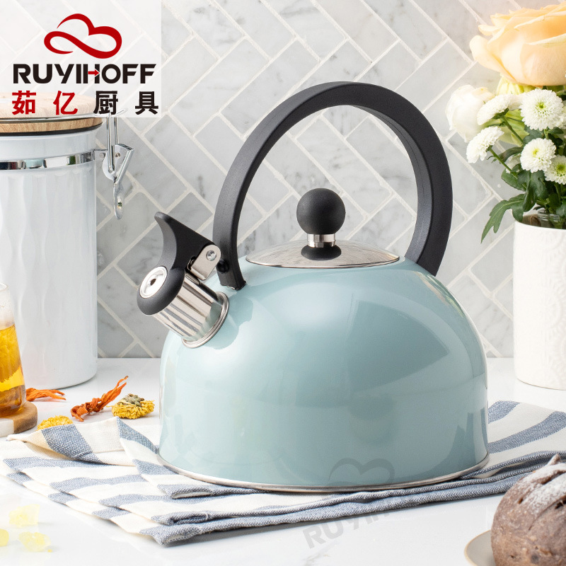 Европейский и американский свистящий чайник с плоским дном 2.5L, небесно-голубой цвет