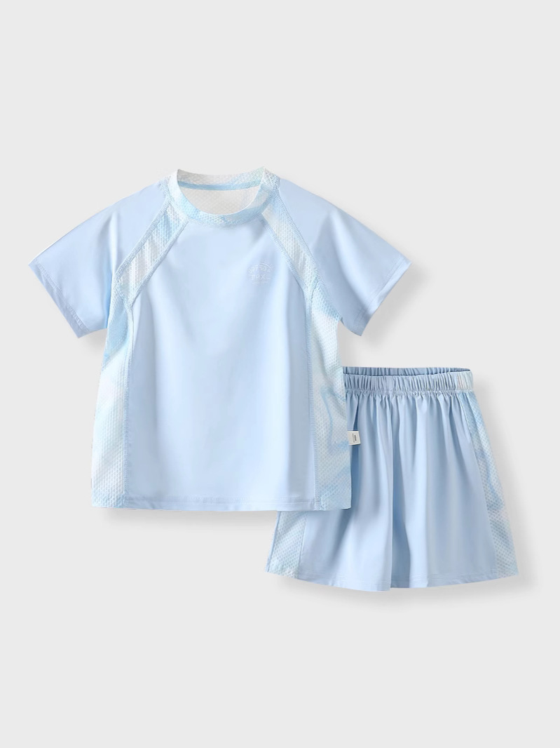 2025 Upf50+ Summer Sports Suit Kidsren's Korean Style Ice Silk Breathable Clothing Outdoor Short-Sleeved Shorts Two-Piece Set