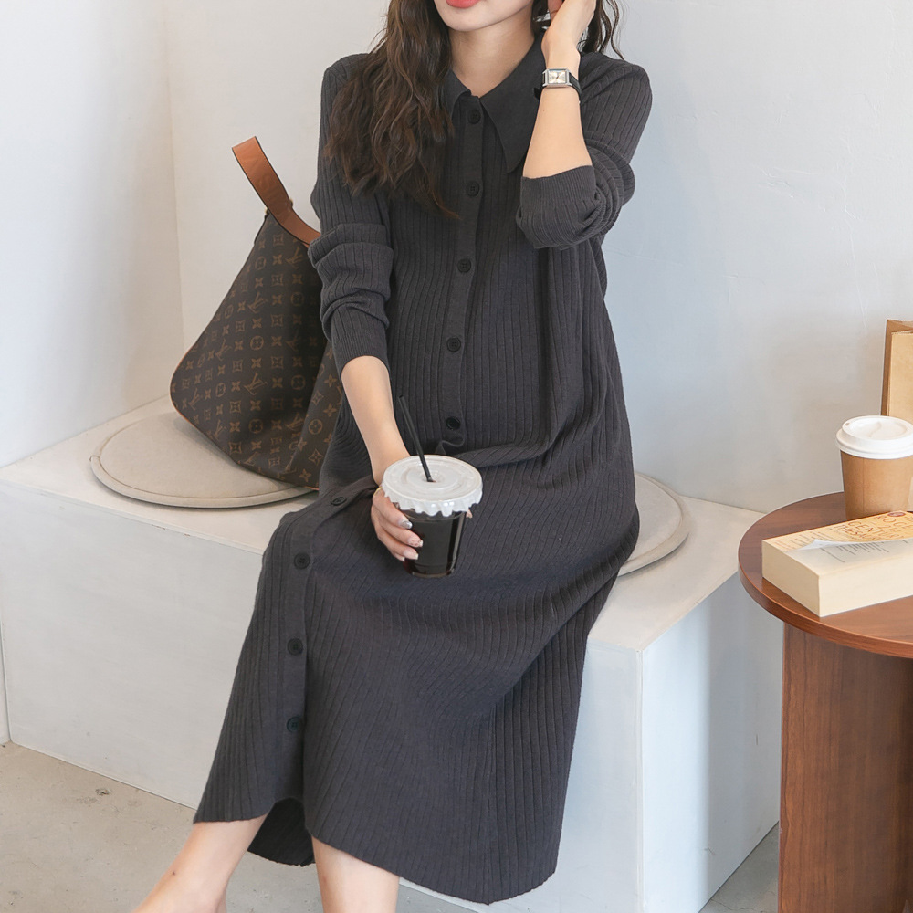 Autumn New Maternity Dress Korean Style Fashionable Lapel Pit Strip Knitted Skirt Stretch Slim-Fit Sweater Dress Trendy Dress
