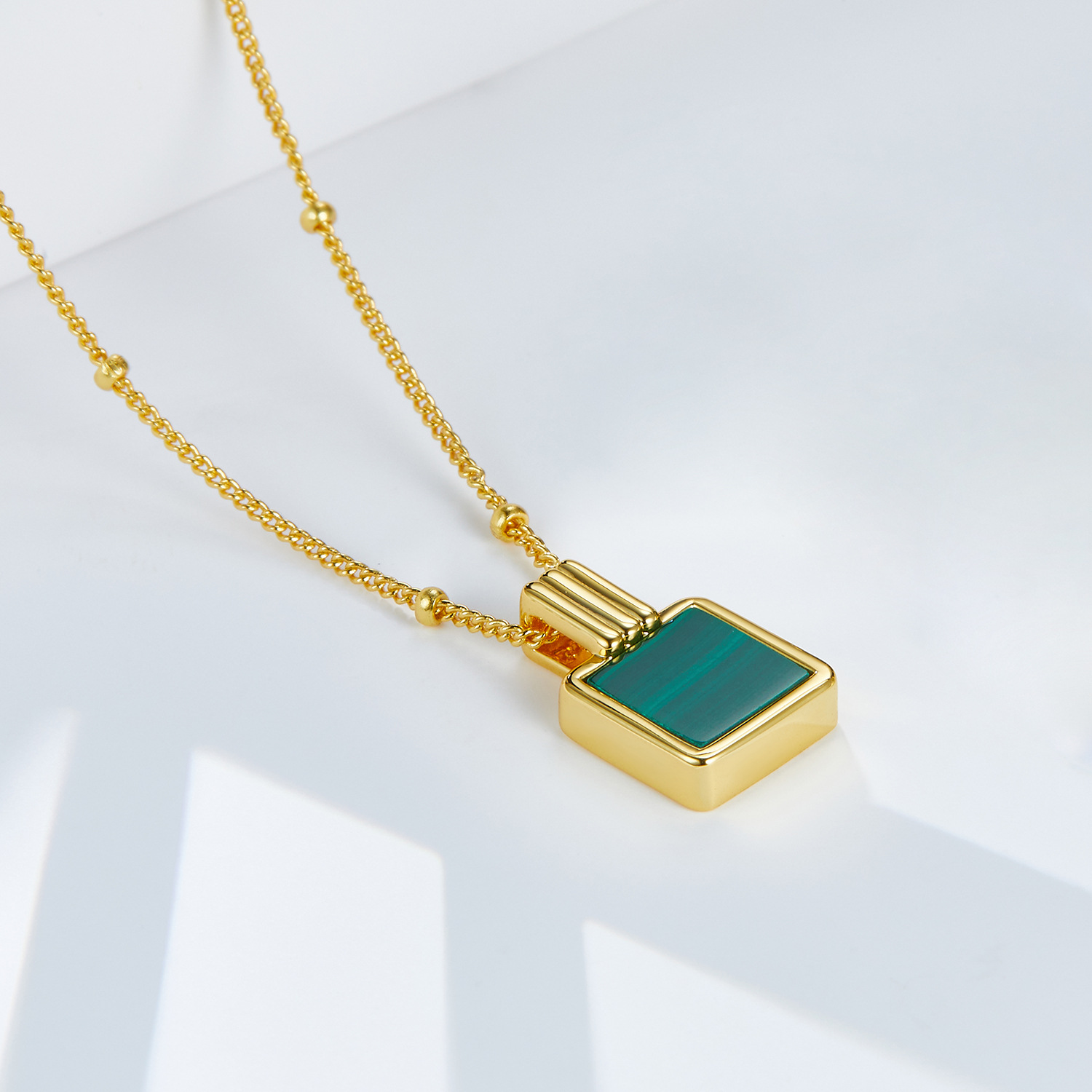 All-body 925 silver natural malachite necklace perfume bottle pendant niche square clavicle chain gold-plated women's beaded chain