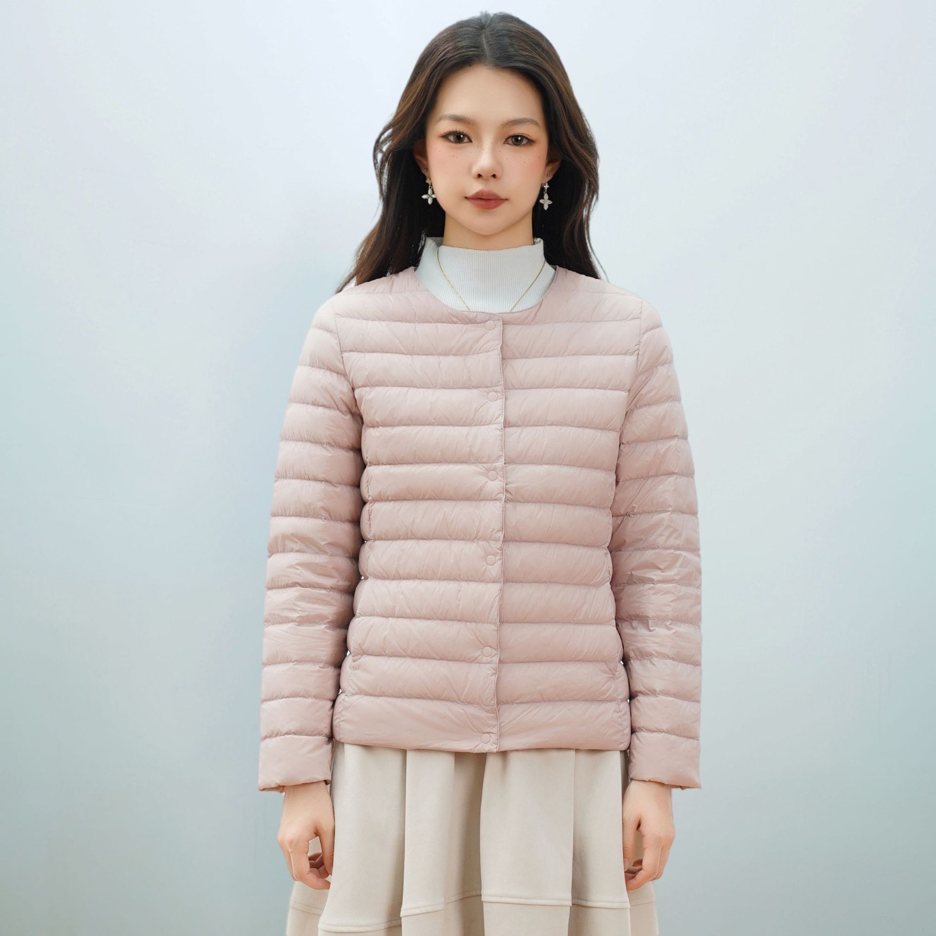 Pinghu Chi New Women's New National Standard 90 Velvet New Pure Color Women's Round Neck V Neck Simple Long-Sleeved down Jacket