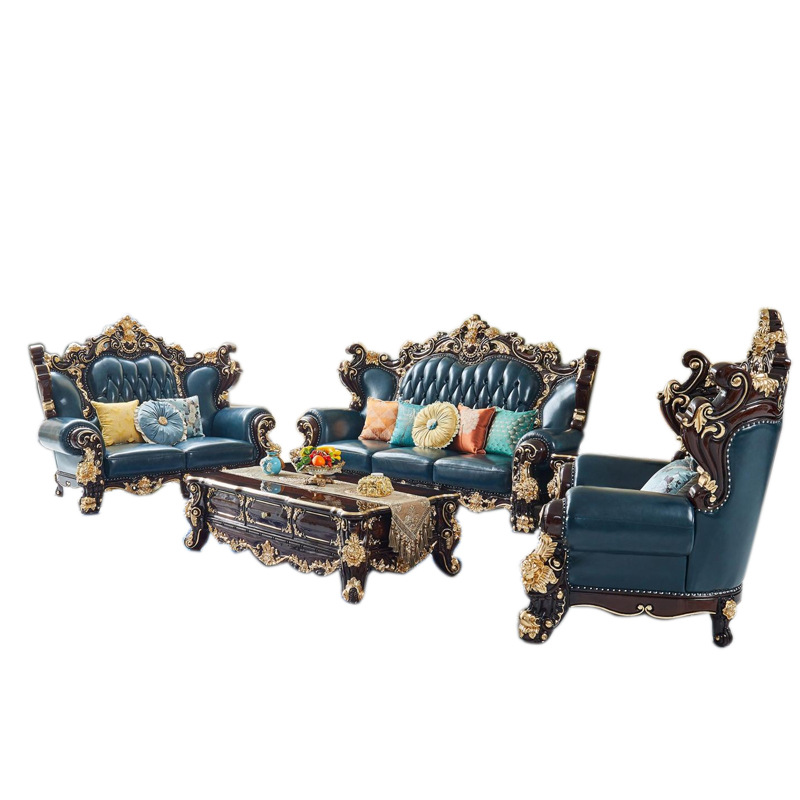 European-Style Villa All Solid Wood Carved Sofa 1234 Combination Marble Wood Surface Coffee Table Tv Cabinet Dining Table Furniture