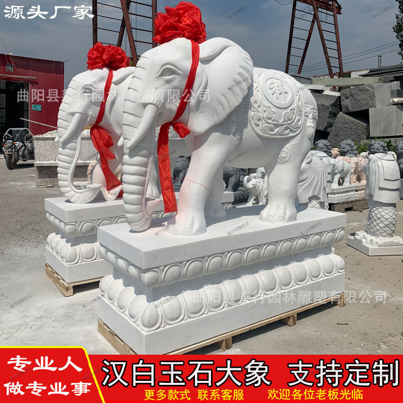 Pair of Carved Stone Elephants in White Marble, Bluestone, and Granite for Outdoor Hotel Courtyard Entrance Decoration