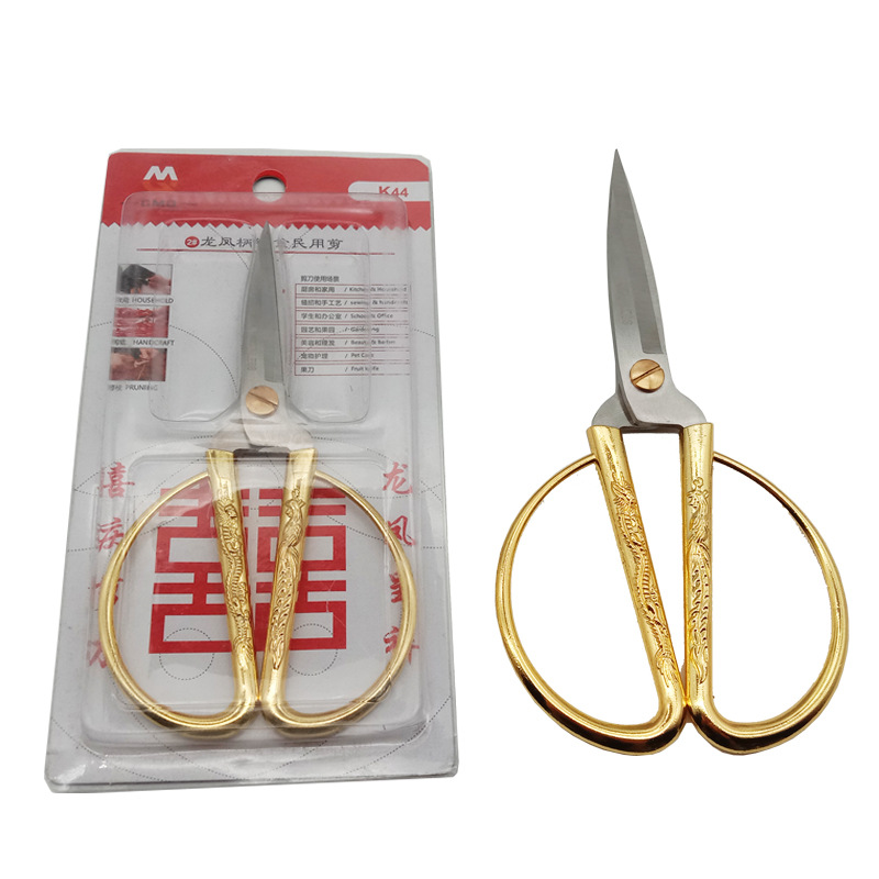 Factory wholesale stainless steel dragon and phoenix scissors household scissors alloy dragon and phoenix scissors golden scissors wedding ribbon scissors