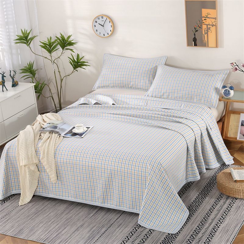 Linen Mat Three-Piece Set Pure Linen Baby Mat Bed Sheets Double Simple Grids Ice Silk 1.8m Bed Breathable and Cool