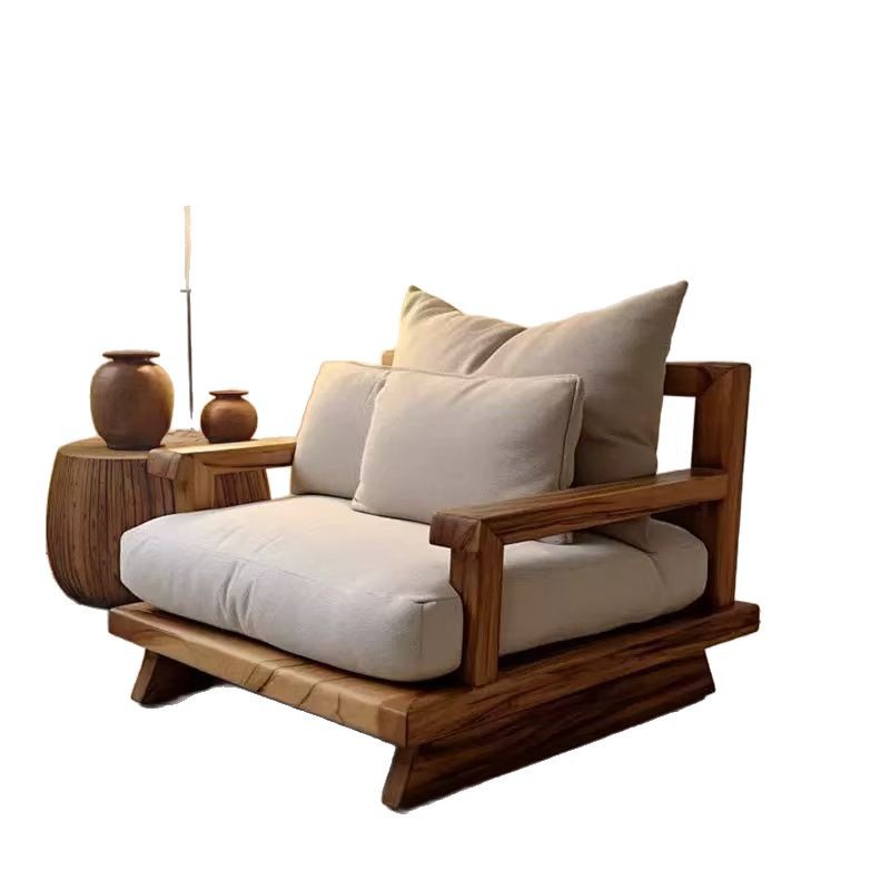 Quiet Style Solid Wood Sofa Bed Old Elm Solid Wood Living Room Simple Sofa Bed Single Double Casual Sofa Chair