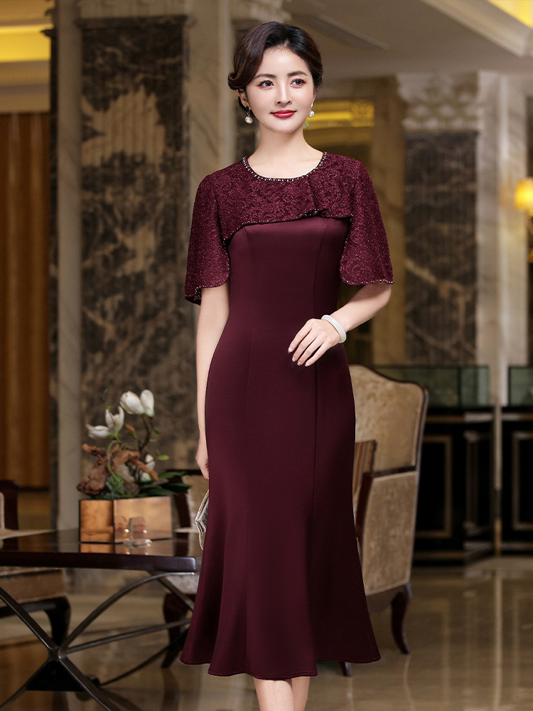 High-End Light Luxury Niche Mother-In-Law Wedding Banquet Dress Summer New Fashion Acetate Splicing Lace Fishtail Skirt