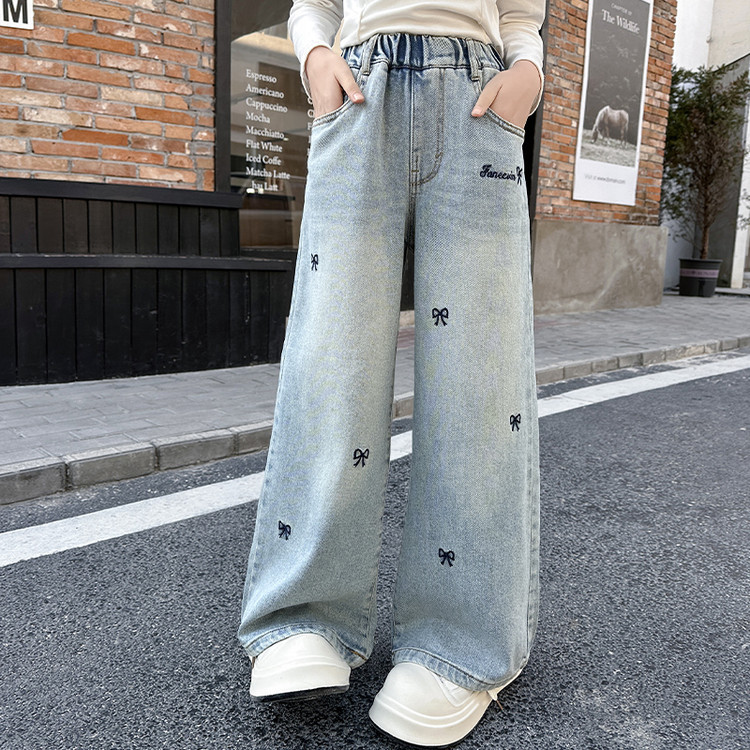 Girls' Jeans Spring and Autumn 2025 New Children's Western Style Straight Outer Wear Pants Big Children's Spring Loose Wide Leg Pants