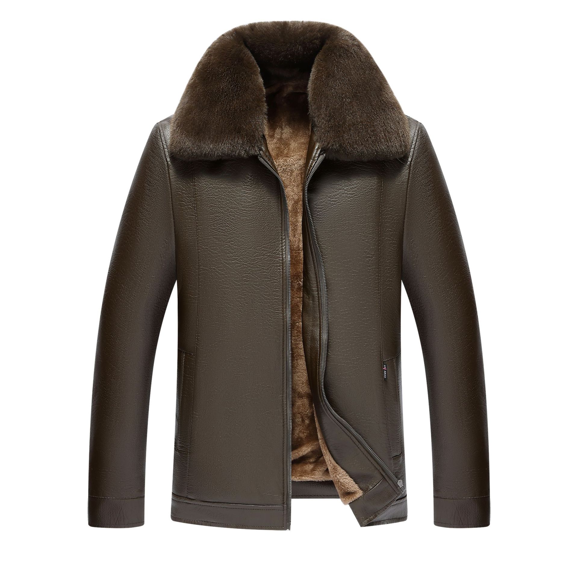 Forest bird factory direct middle-aged leather men's middle-aged plus velvet padded fur collar business leather jacket coat stall