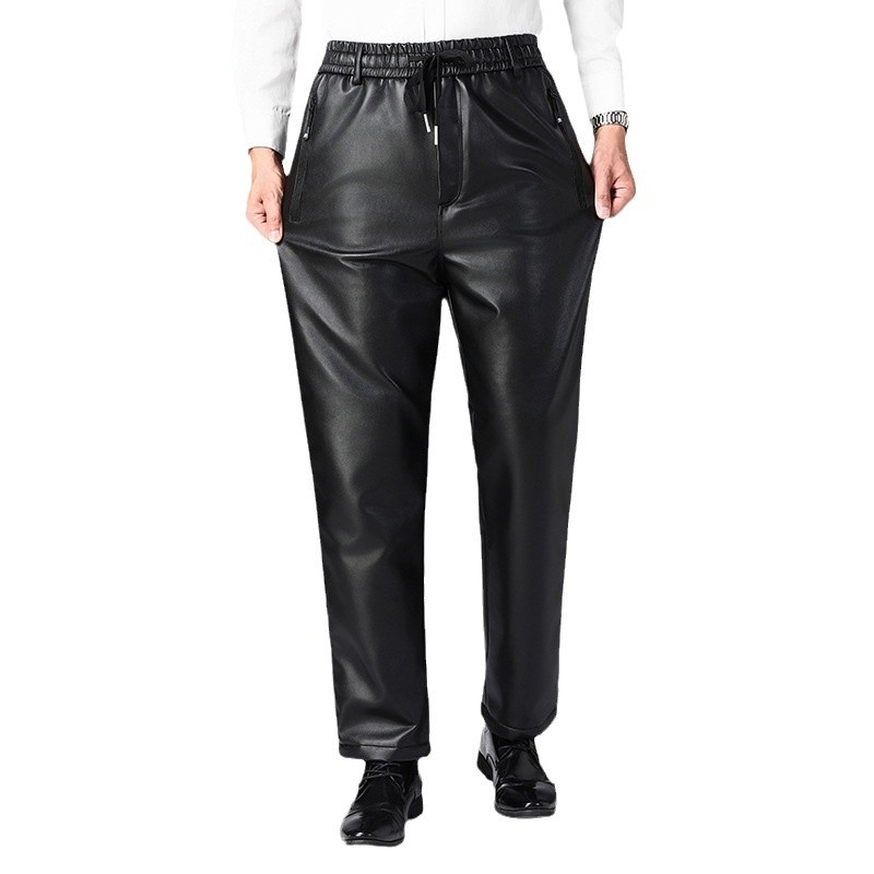 fleece-lined Thick Leather Pants Men's Cold-proof Warm Rider Takeaway Wear-resistant Soft Leather Work Pants Waist Knee-pad Winter Frozen-proof