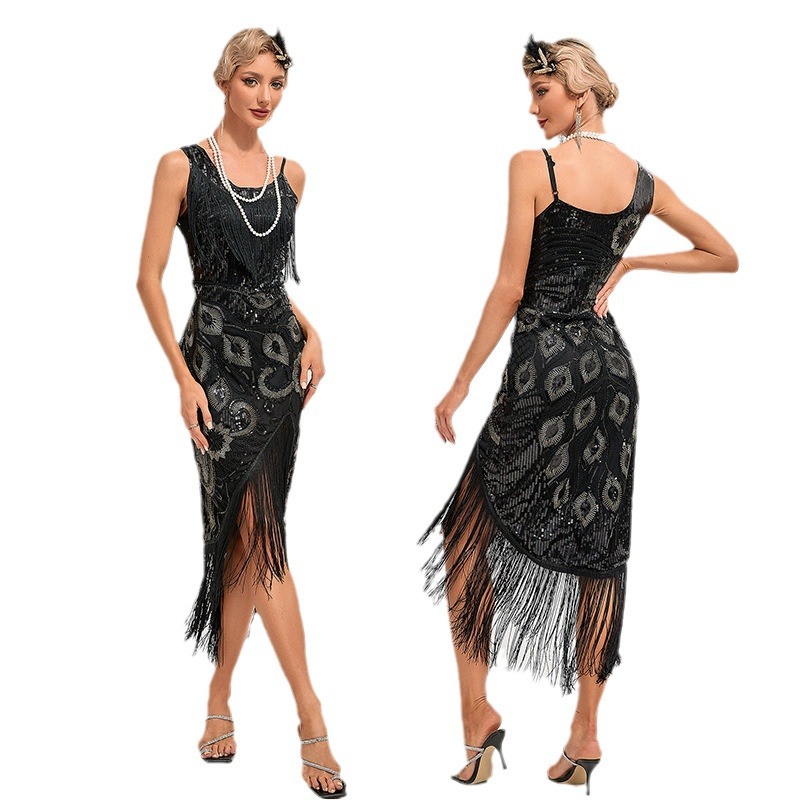 Sequined dress 1920s vintage tassel dress European and American ball mid-length evening dress Amazon cross-border