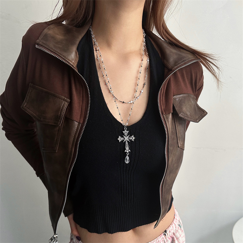 Sweet and Cool Y2K Personalized Multi-Layered Crystal Beaded Cross Necklace Female Niche Goth Sexy Clavicle Chain Trend