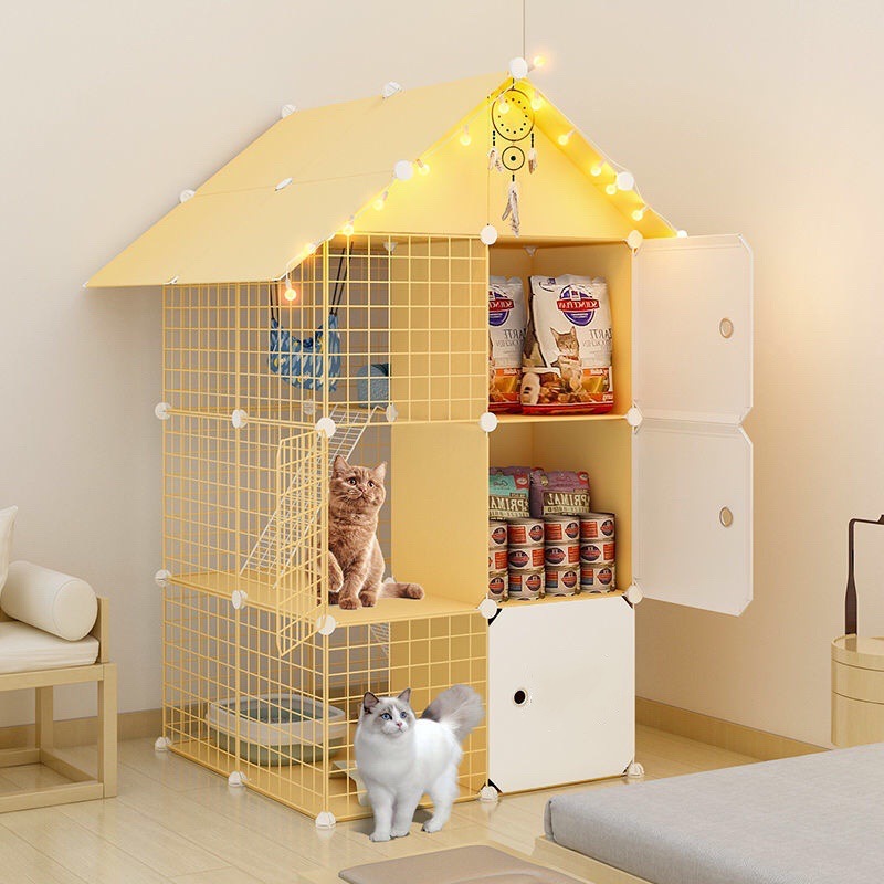 Cat Cage Cat Villa Yellow Cage Log Color Pet Cage Free Assembly Iron Net Cage Household Cat House