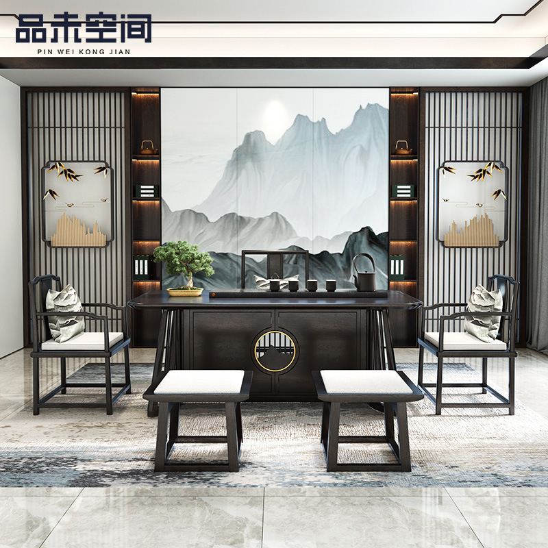 New Chinese Style Tea Table Solid Wood Combination Ash Villa Hotel Wood Office Boss Table Light Luxury Small Apartment Furniture