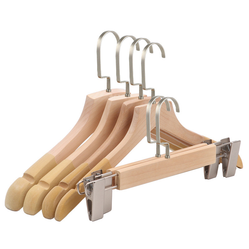Clothing Store Special Women's Solid Wood Clothes Hangers Men's Wooden Cotton Rope Flocking Non-Slip Adult Clothes Hangers and Trouser Clips Wholesale