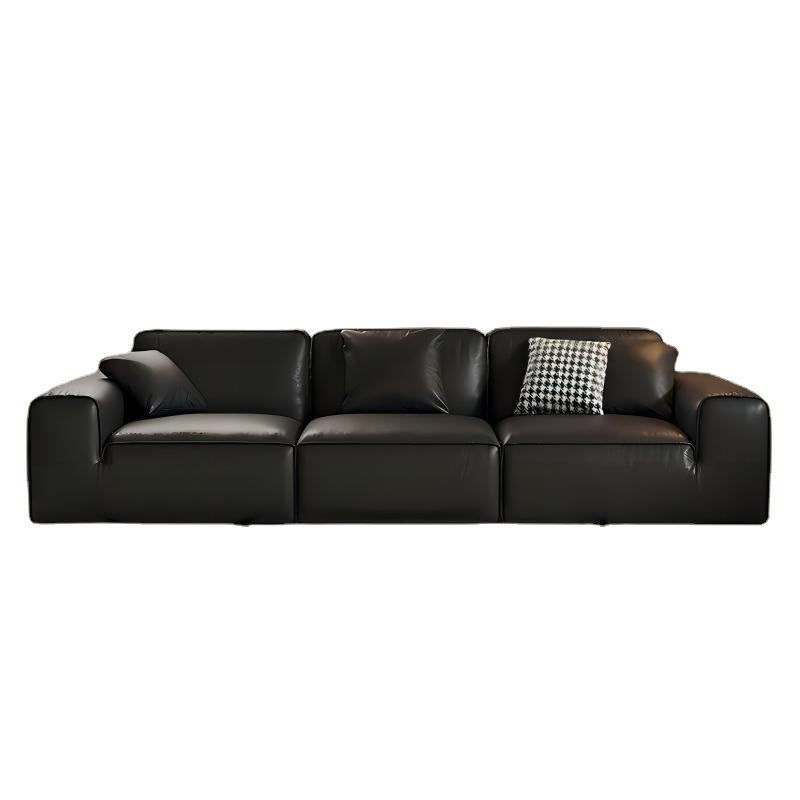 Italian Minimalist Black Cowhide Leather Sofa for Living Room, Black High-End Straight-Row First-Layer Cowhide Leather Art Sofa Set