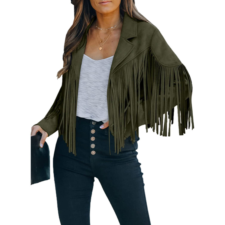 Cross-Border Autumn New Tassel Suede Jacket for Women European and American Solid Color Lapel Short Slim Autumn and Winter Jacket for Women