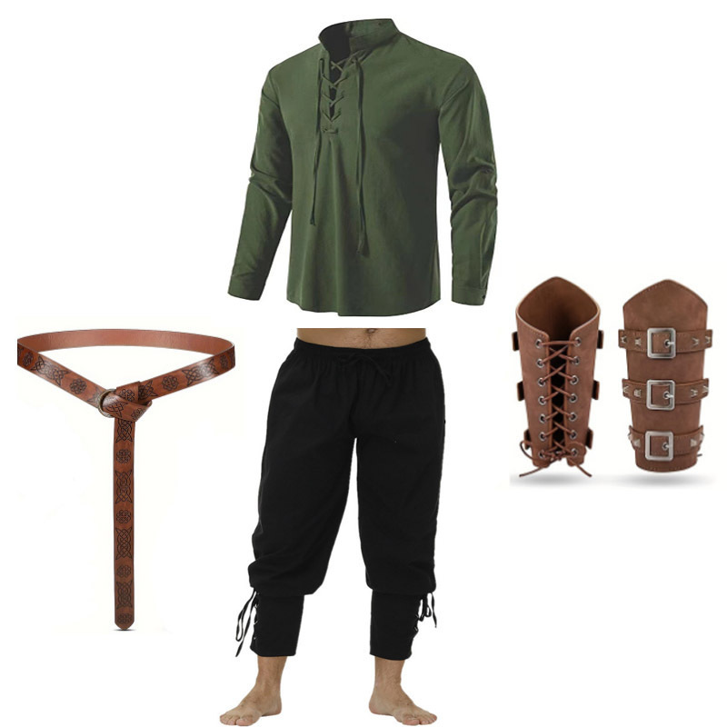 suit Halloween Men Renaissance Costume suit Medieval Pirate Shirt Ankle Ribbon Pants