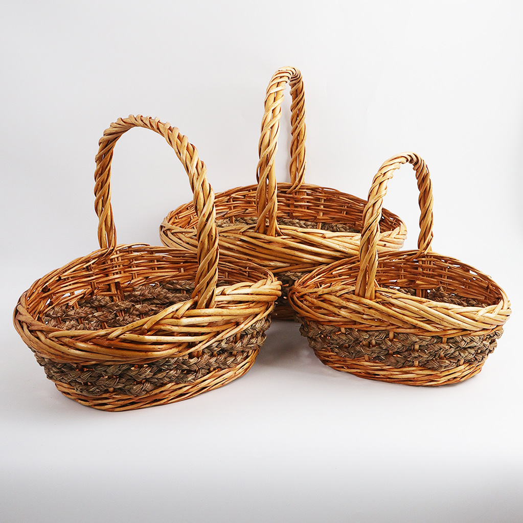 Oval Wood Color Wicker Basket Flower Basket Floral Decorative Basket Fruit Basket Three-Piece Set Storage Basket Shopping Basket