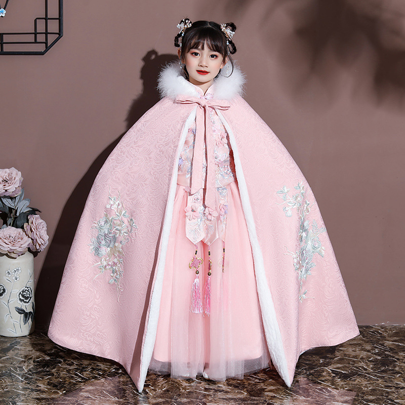 Girls' Cloak Cloak Fur Collar Fleece-Lined Thickened Winter Outgoing New Year Clothing Children's Super Fairy Princess Antique Hanfu