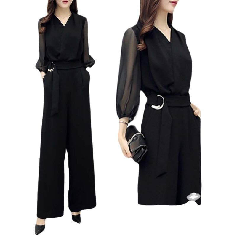 Spring and Summer New High Waist Chiffon Jumpsuit Black Cropped Sleeve Slim-fit Slimming Elegant Wide Leg Jumpsuit for Women