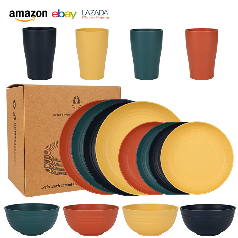 Amazon Temu's Popular Wheat Straw Tableware for 6 People, Plates, Bowls and Cups, 24Pcs Dishes and Plates Set, Dinner Plates and Soup Bowls