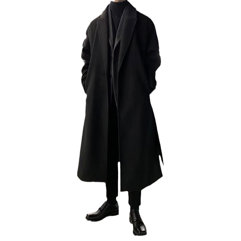 Korean Versatile Mid-length Windbreaker Men's Spring and Autumn Knee-length British Windwool Coat Loose Trendy Coat