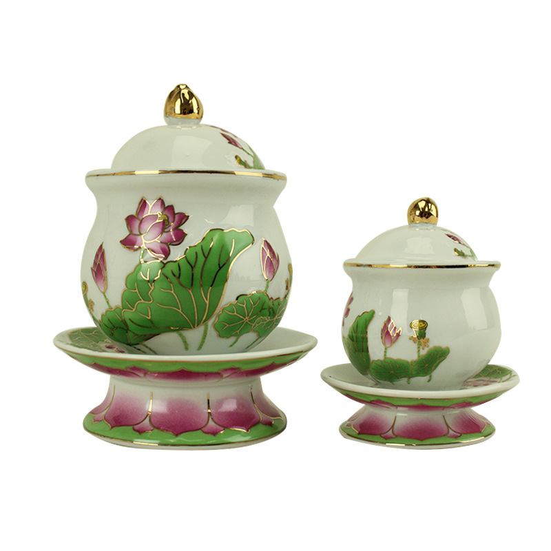 Great Mercy Mantra Heart Sutra Water Supply Cup Holy Water Cup Household Lotus Ceramic Tribute Water Cup Sacred Table for Guanyin Cup Ornaments