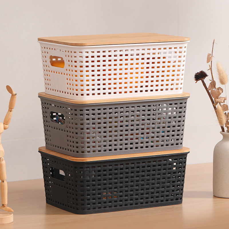 Пластиковая полая плетеная корзина для хранения игрушек и книг, с бамбуковой крышкой, штабелируемая, оптовая продажа