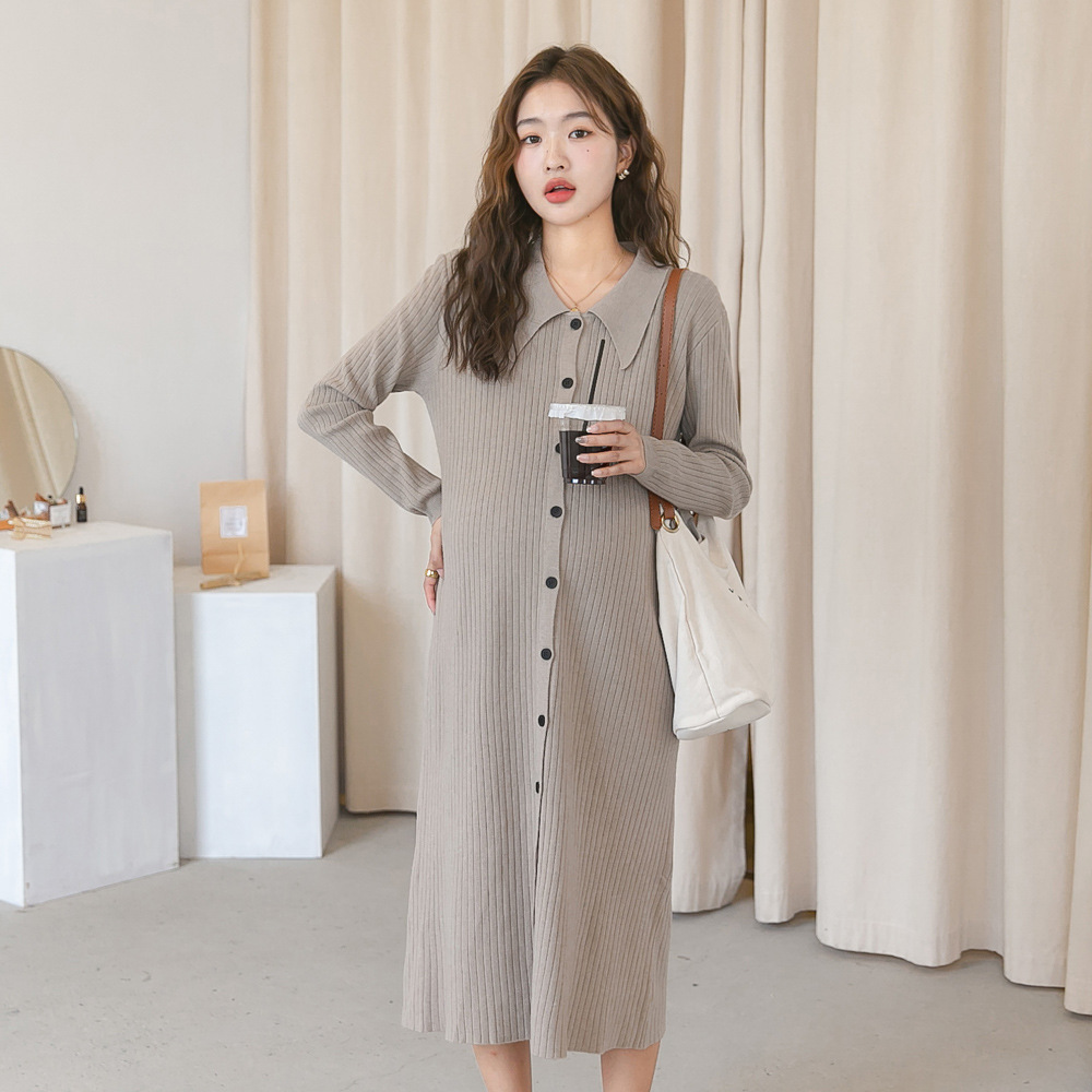 Autumn New Maternity Dress Korean Style Fashionable Lapel Pit Strip Knitted Skirt Stretch Slim-Fit Sweater Dress Trendy Dress