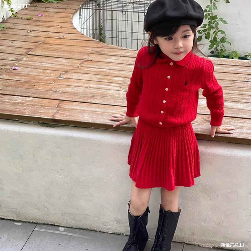Girls Red Knitted Sweater suit Autumn and Winter 2025 New Children Girls Festive New Year Dress Sweater Skirt