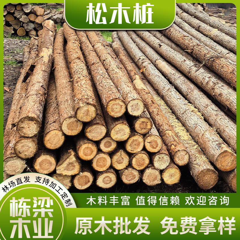 Pine wood log stake processing log piling fir wood stake greening reinforcement support rod flood control forest direct sales