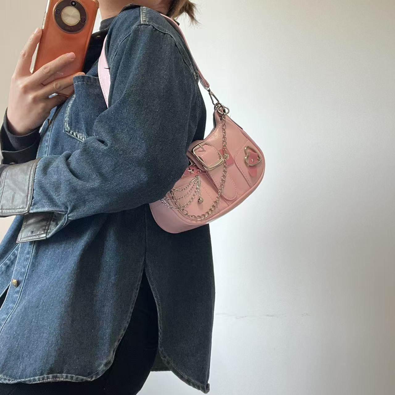 New Original Y2K Chain Sweet Cool Women's Bag Niche Millennium Spice Girl Sweet Spicy Handbag Pink Underarm Bag Sweet