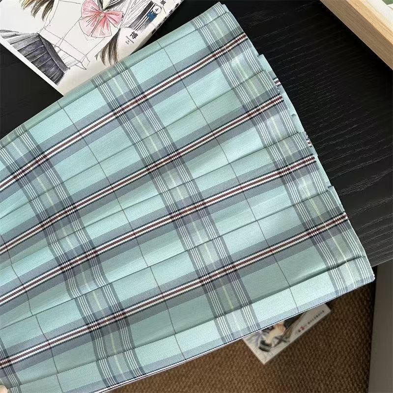 [glass sea] jk uniform plaid skirt genuine academic style girl's half pleated skirt blue green Japanese high waist skirt