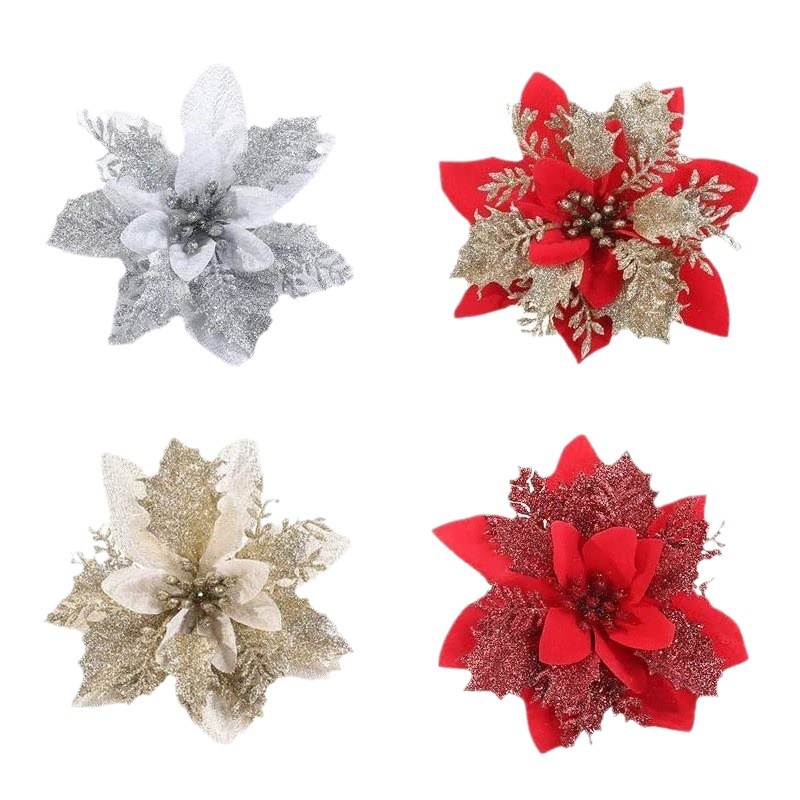 Three-Layer Gold Powder Christmas Flowers, Popular High-End Three-Dimensional Artificial Flowers, Christmas Tree Decorations, Decorative Fake Flowers Wholesale