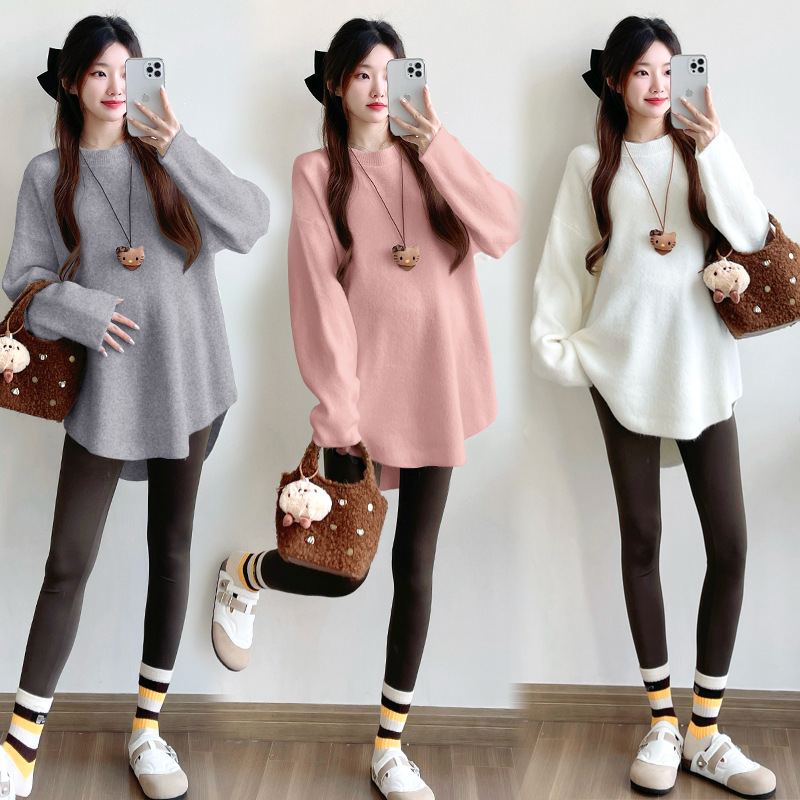 Pregnant Women's Autumn Fashion Mom's New Mid-length Lazy Style Design Sense Loose Slimming Thickened Knitted Base Top