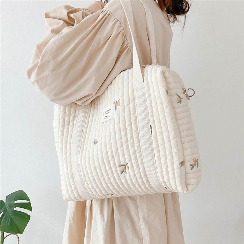 Zipper Embroidered Cotton Mummy Bag Handbag Baby Trolley Hanging Bag Diaper Bag Baby Bottle Fidling Bag Mother and Baby Bag