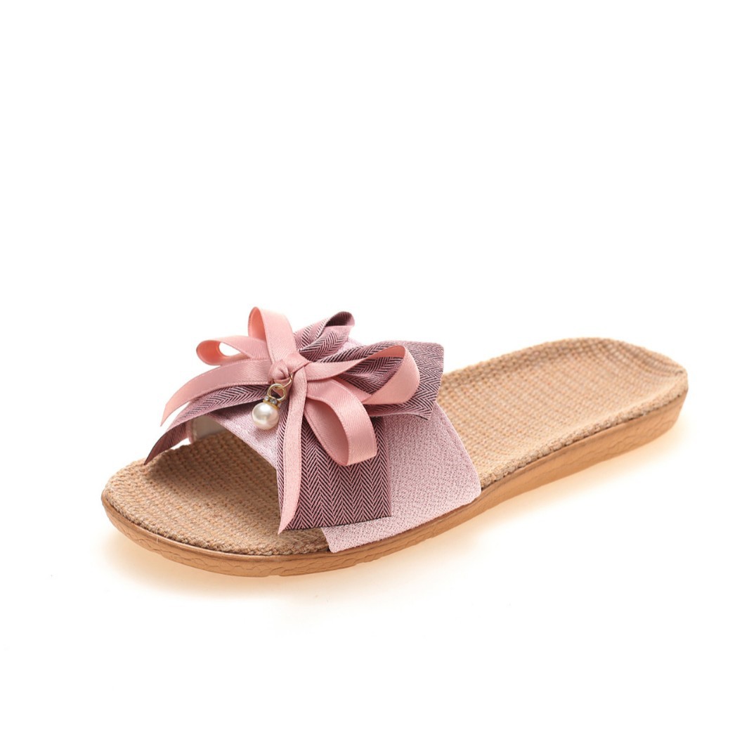 Slippers Women's Summer Indoor and Outdoor Home Floor Non-Slip Office Slippers Home Cute Bow Linen Slippers