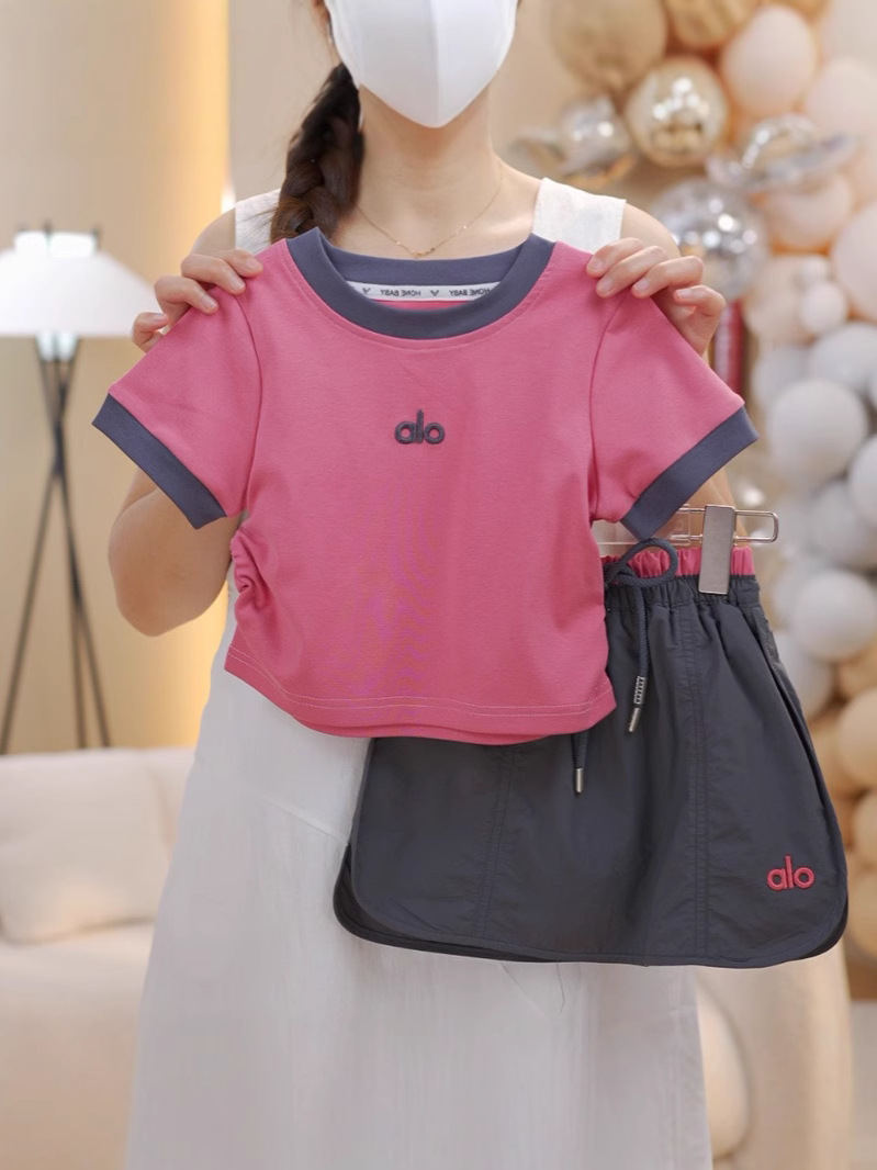 Girls Summer Thin Suit Korean Style Baby Pure Cotton Short-Sleeved Sports Short Skirt Pants Contrasting Color T-Shirt Two-Piece Children's Clothing