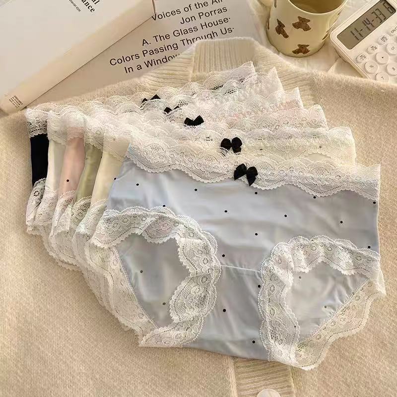 French Retro Style Pure Desire Lace Girl's Polo Dot Briefs Ice Silk Underwear Women's Pure Cotton Crotch Bow Women