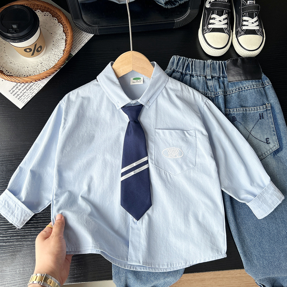 2025 New Autumn Children's Clothing for Older Children Jk Preppy Style Fashionable Boy Tie Class Uniform Kindergarten Uniform Shirt Wholesale