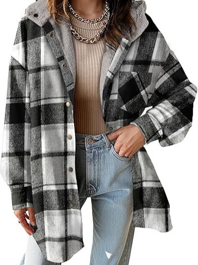 2024 Amazon European and American Women's Flannel Plaid Jacket Long Sleeve Autumn Button Colorblock Hooded Jacket