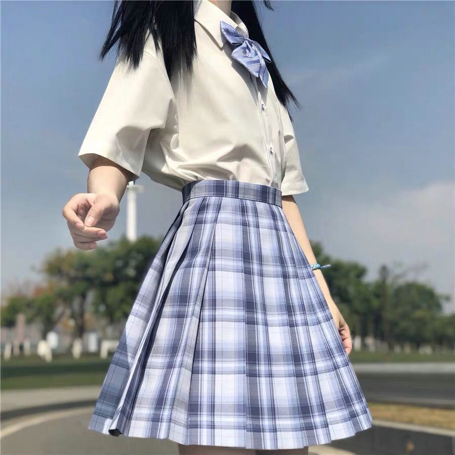 (Plaid skirt + bow tie + pure white short sleeve shirt +)jk plaid skirt uniform set pleated skirt Japanese pleated skirt